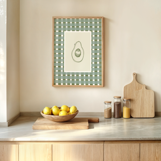 avocado with green watercolour check surround - fruit art print by cat dearlove