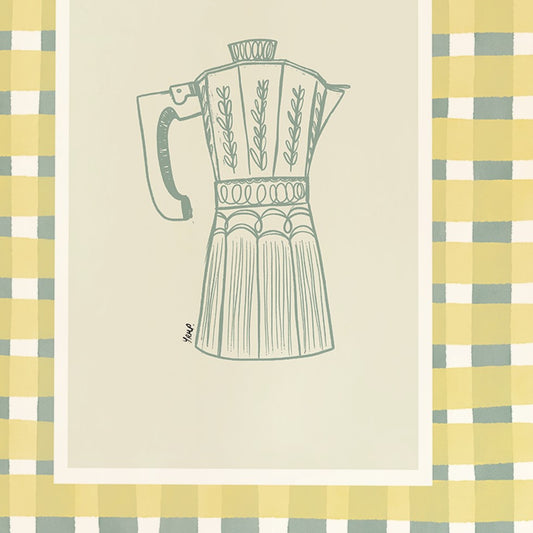 coffee pot with yellow/green watercolour check surround - kitchen art print by cat dearlove