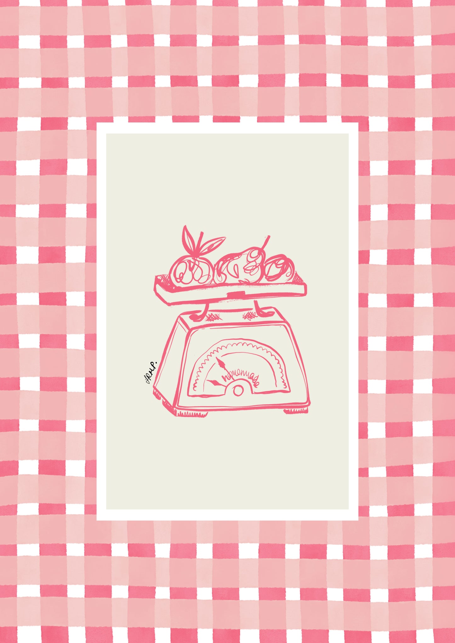 kitchen scales with pink watercolour check surround - kitchen art print by cat dearlove