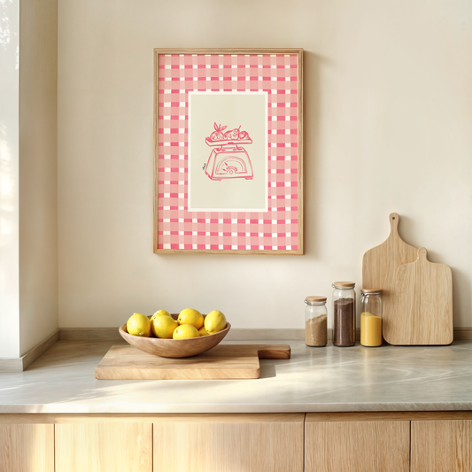 kitchen scales with pink watercolour check surround - kitchen art print by cat dearlove