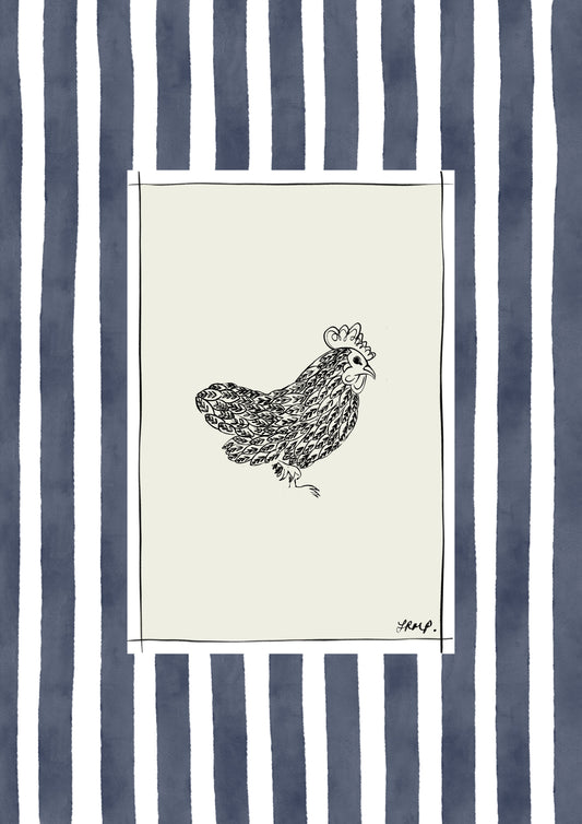 chicken with indigo watercolour striped surround - birds art print by cat dearlove