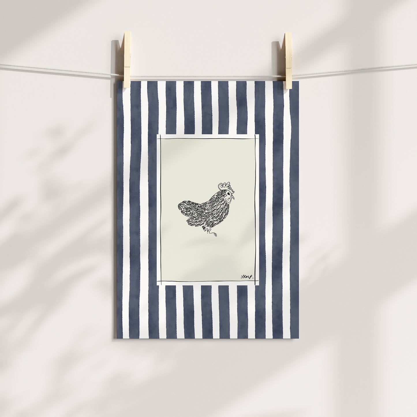 chicken with indigo watercolour striped surround - birds art print by cat dearlove