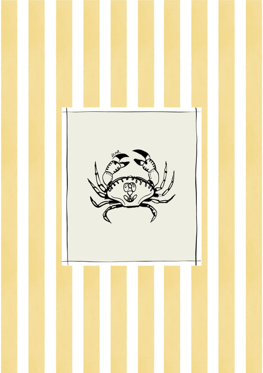 crab with yellow watercolour striped surround - fish art print by cat dearlove