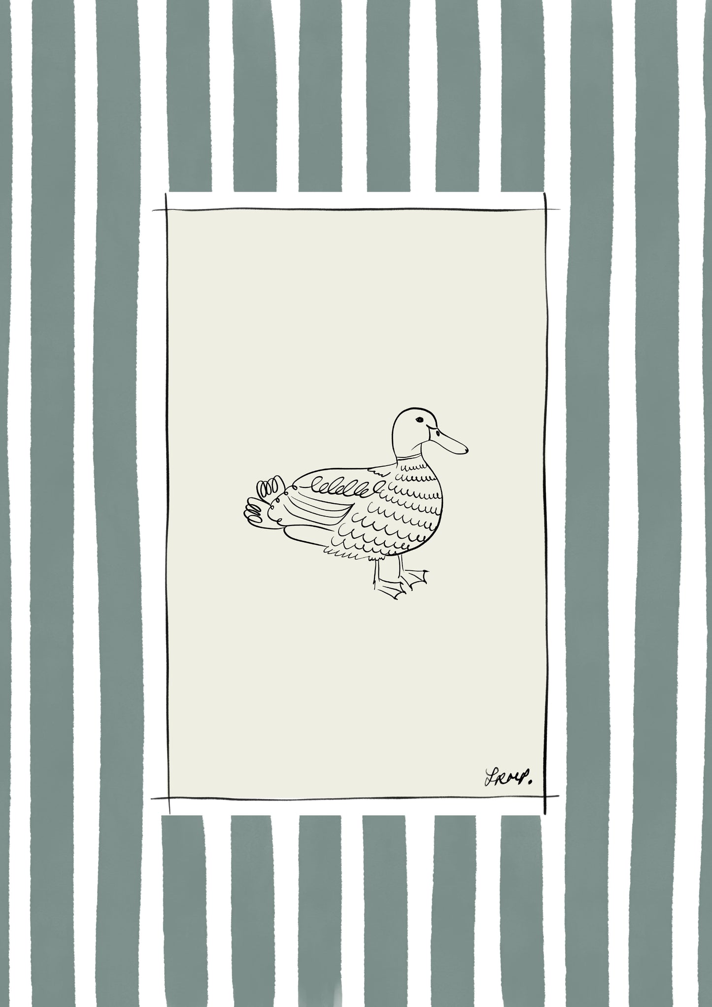 duck with dirty green watercolour striped surround - birds art print by cat dearlove