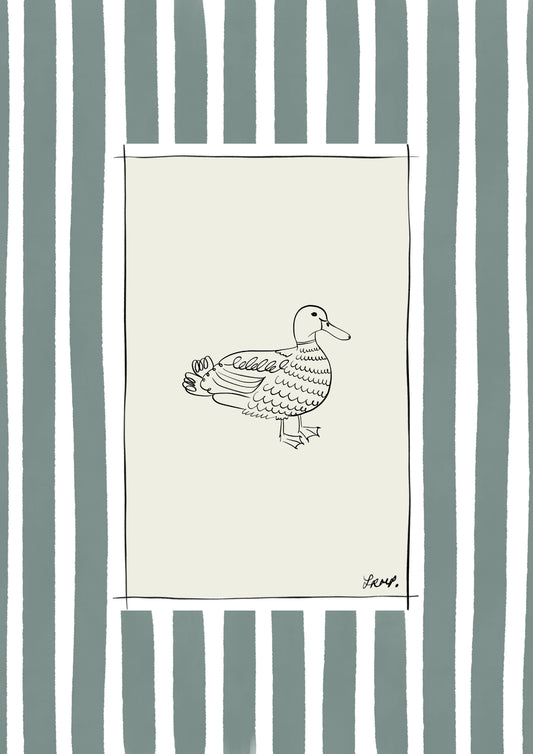 duck with dirty green watercolour striped surround - birds art print by cat dearlove