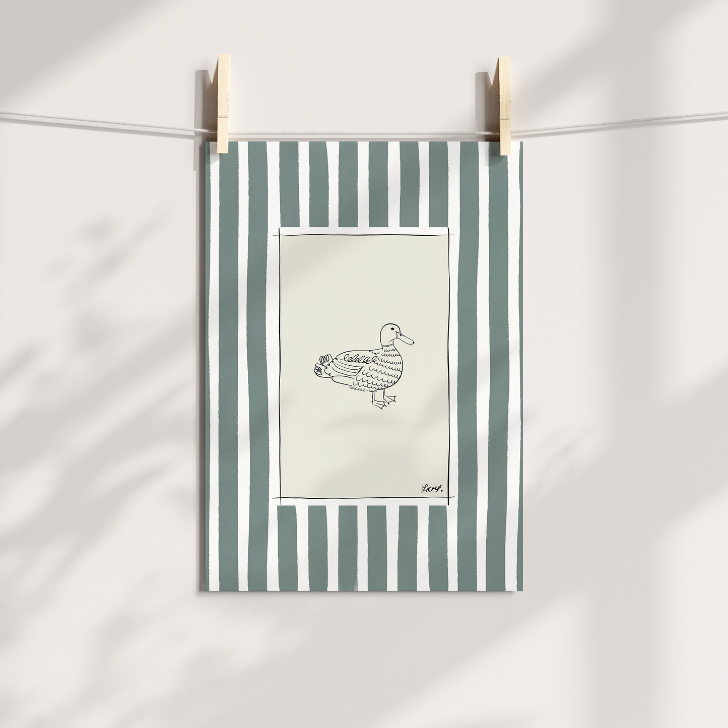 duck with dirty green watercolour striped surround - birds art print by cat dearlove