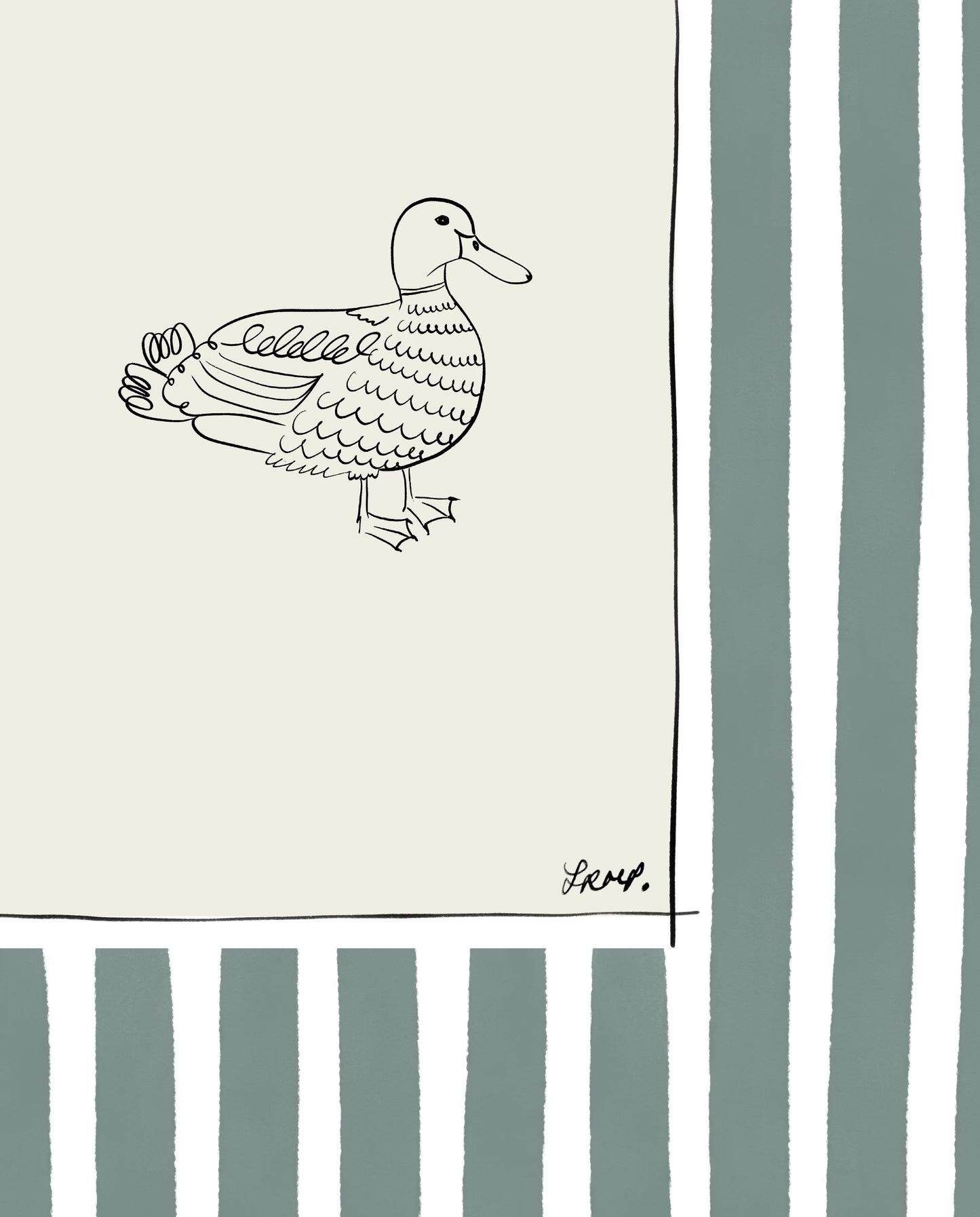 duck with dirty green watercolour striped surround - birds art print by cat dearlove