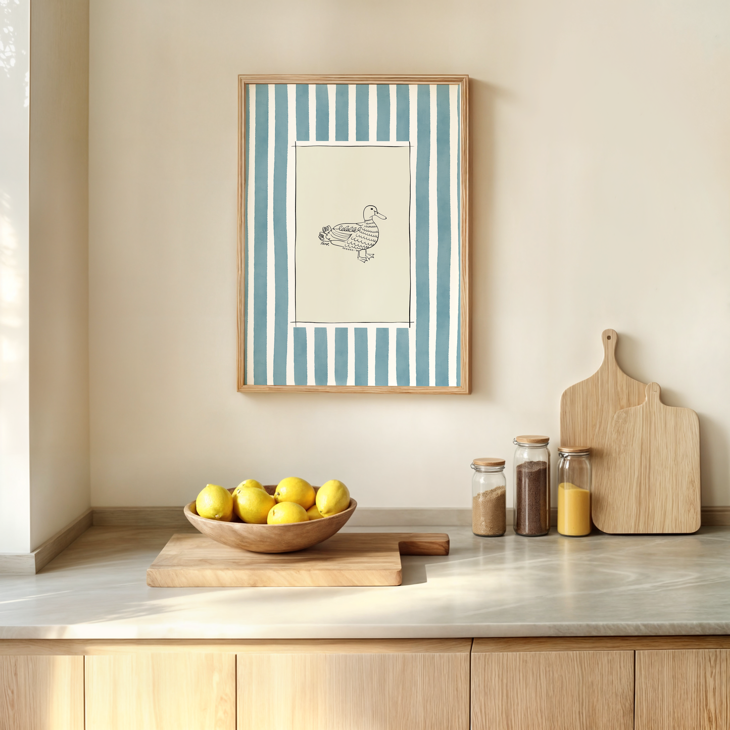 duck with dirty green watercolour striped surround - birds art print by cat dearlove