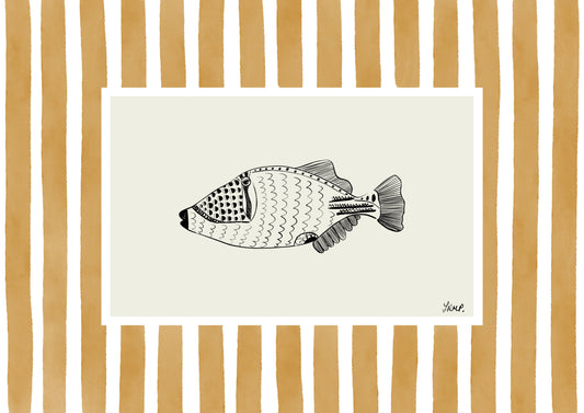 fish 1 with orange watercolour striped surround - fish art print by cat dearlove
