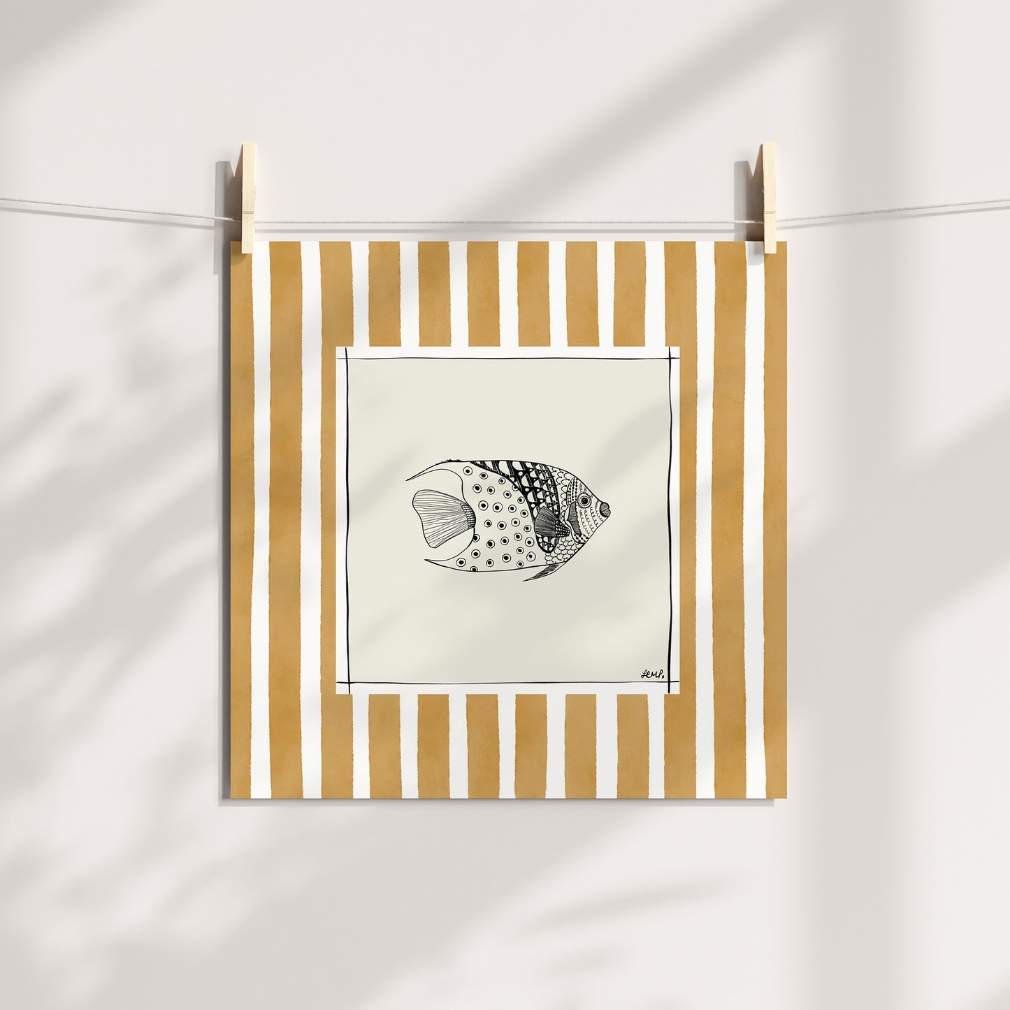 fish 2 with orange watercolour striped surround - fish art print by cat dearlove