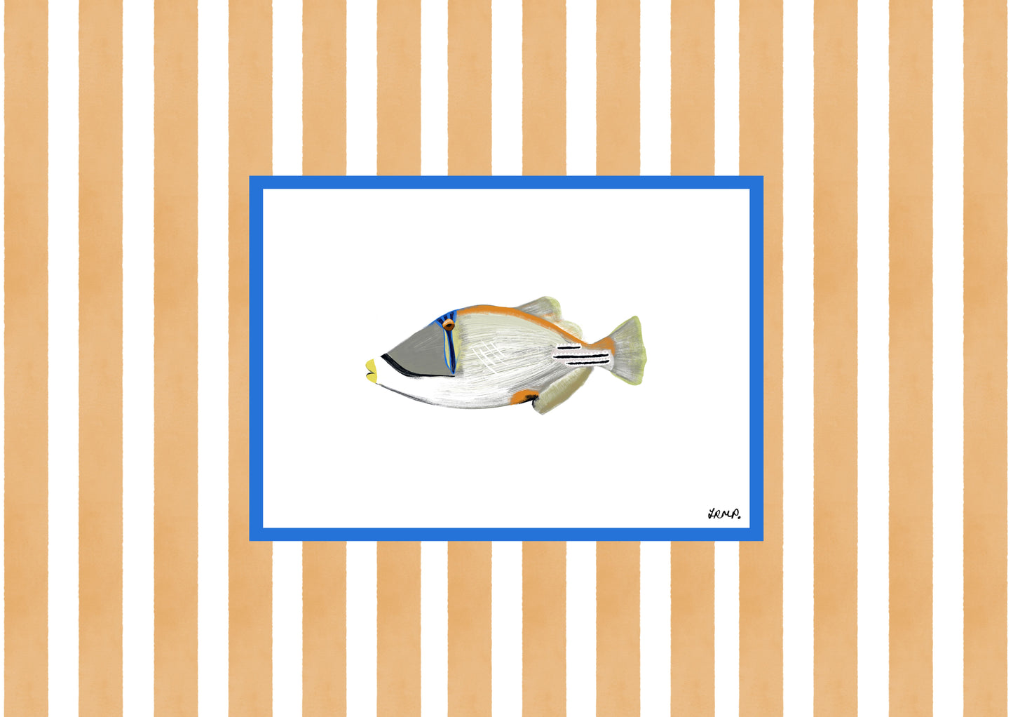 a fish in colour with orange watercolour striped surround - fish art print by cat dearlove