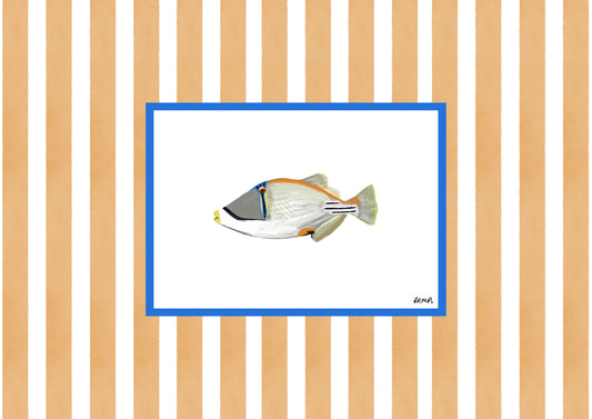a fish in colour with orange watercolour striped surround - fish art print by cat dearlove