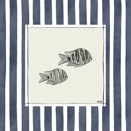 pair of fish with navy blue watercolour Striped Surround - fish art print by cat dearlove