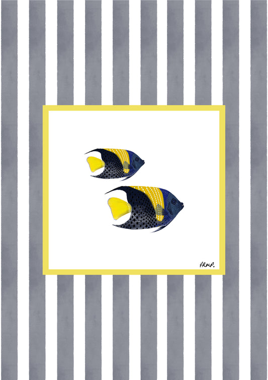 pair of fish in colour with grey blue watercolour striped surround - fish art print by cat dearlove