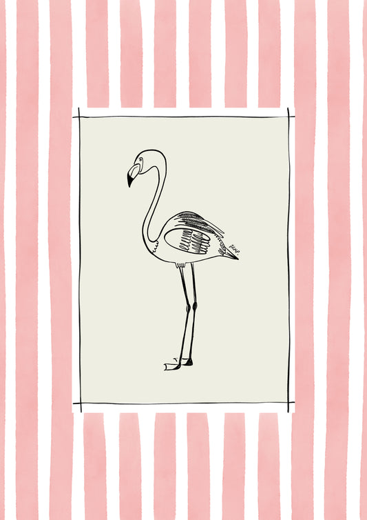 flamingo with pink watercolour striped surround - birds art print by cat dearlove