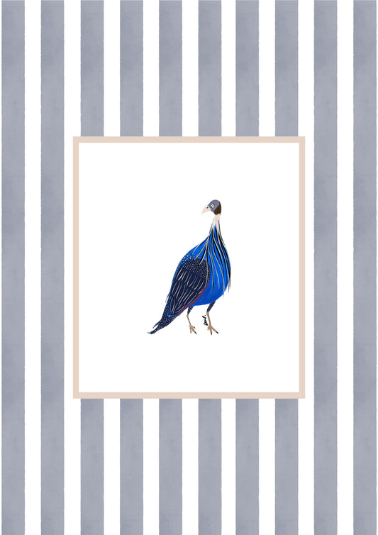 east african guinea fowl 1 with soft grey watercolour striped surround - birds art print by cat dearlove