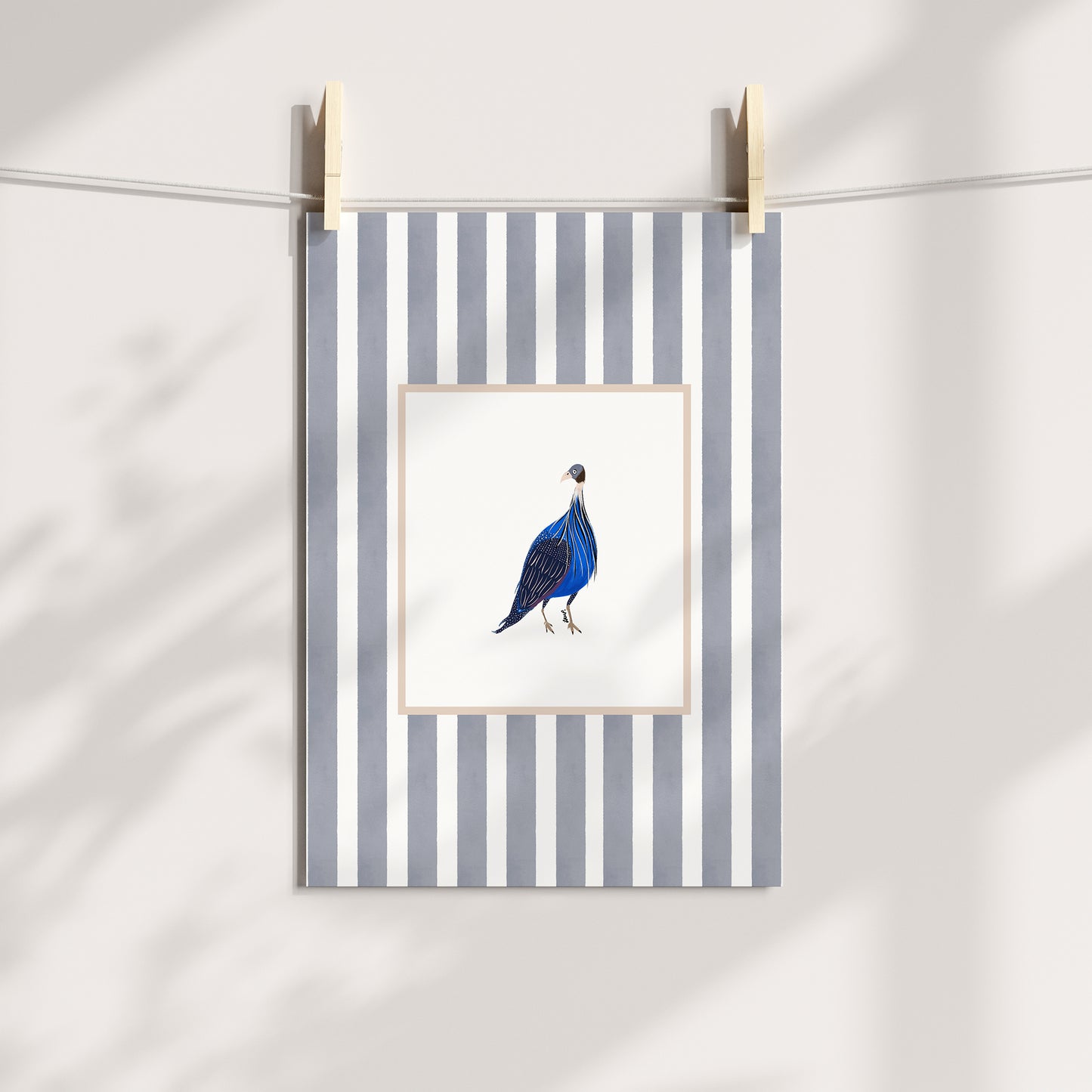 east african guinea fowl 1 with soft grey watercolour striped surround - birds art print by cat dearlove