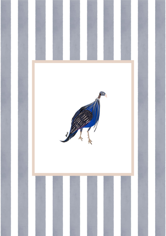 east african guinea fowl 2 with soft grey watercolour striped surround - birds art print by cat dearlove