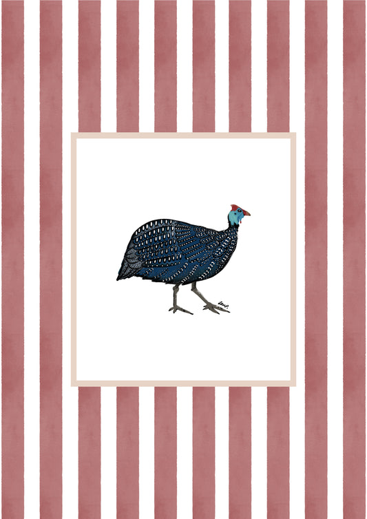 guinea fowl 3 with soft terracotta watercolour striped surround - birds art print by cat dearlove