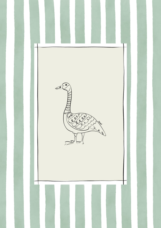 goose with green watercolour striped surround - birds art print by cat dearlove