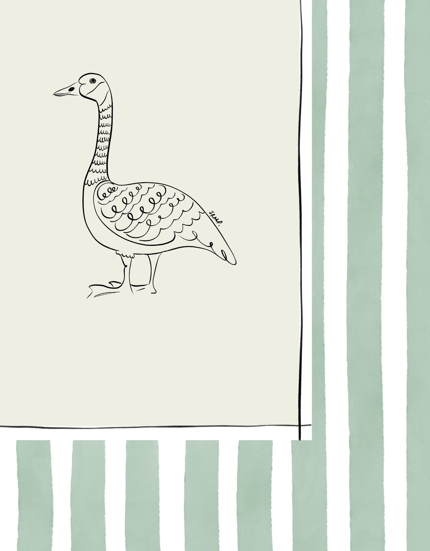 goose with green watercolour striped surround - birds art print by cat dearlove