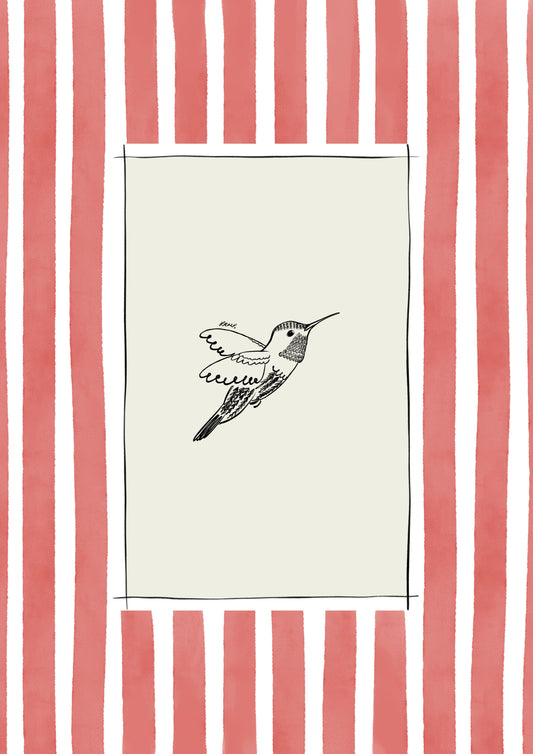 hummingbird with light red watercolour striped surround - birds art print by cat dearlove