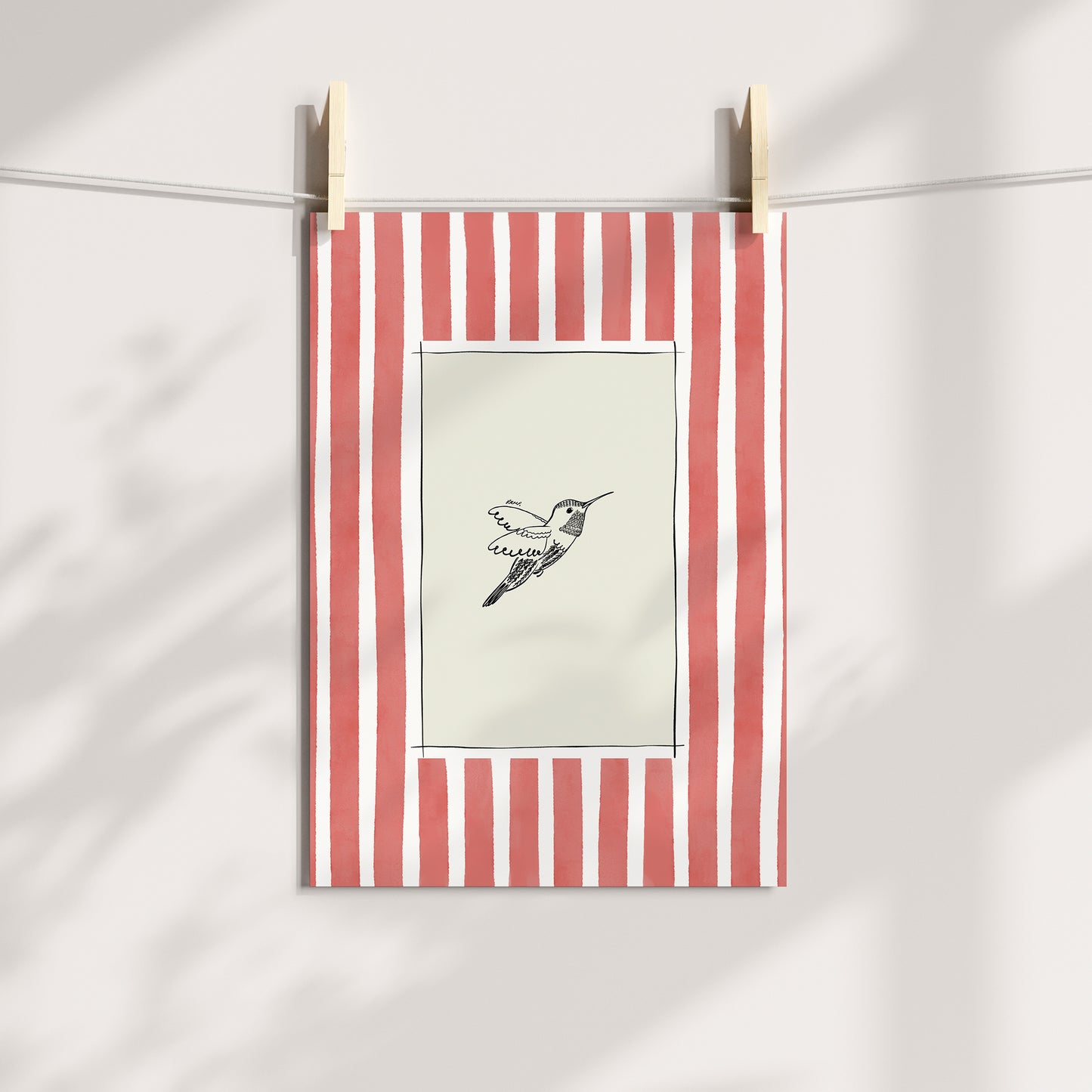 hummingbird with light red watercolour striped surround - birds art print by cat dearlove