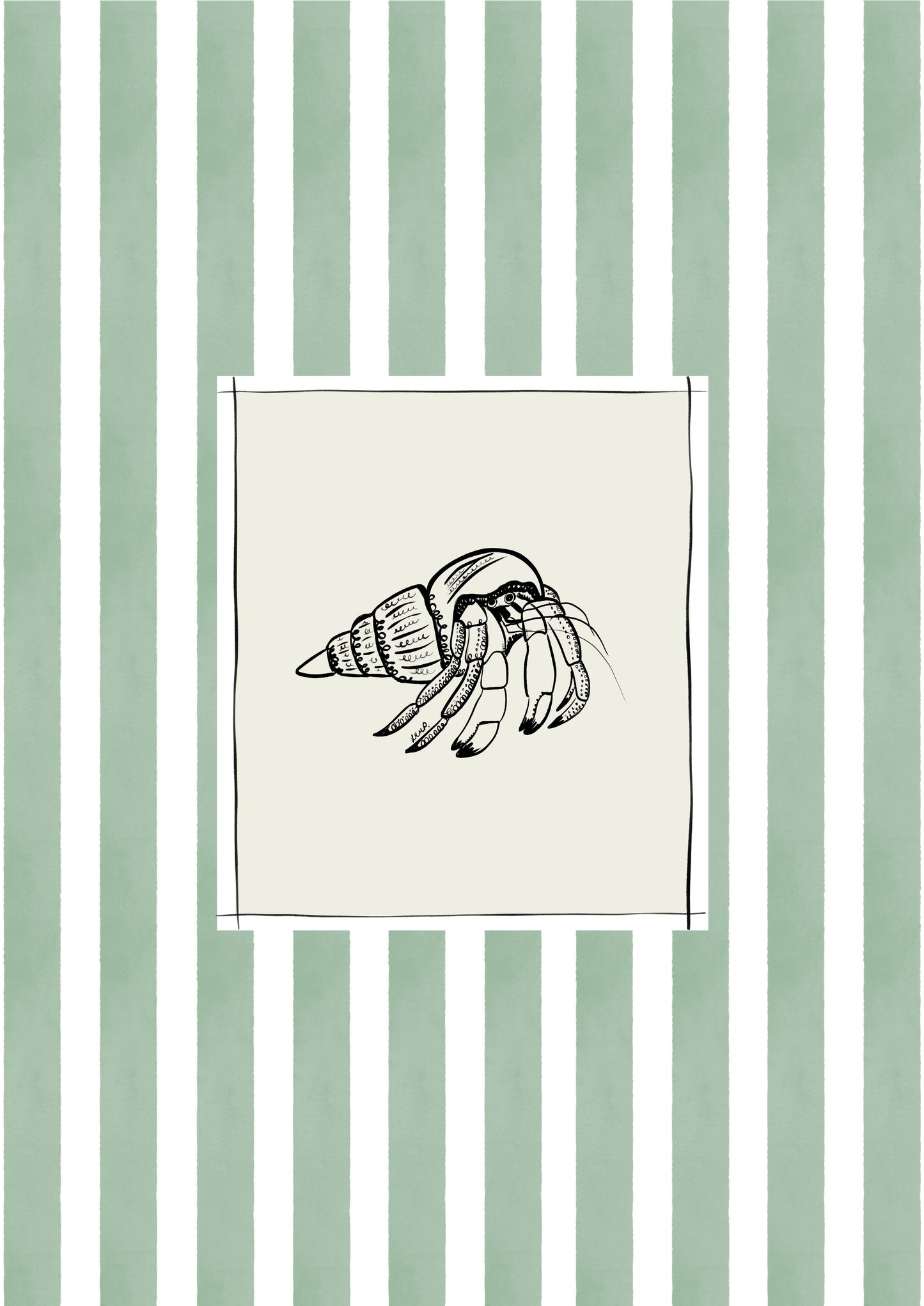 hermit crab with greeny blue watercolour striped surround - fish art print by cat dearlove