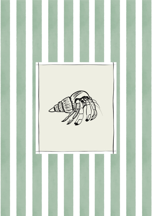 hermit crab with greeny blue watercolour striped surround - fish art print by cat dearlove