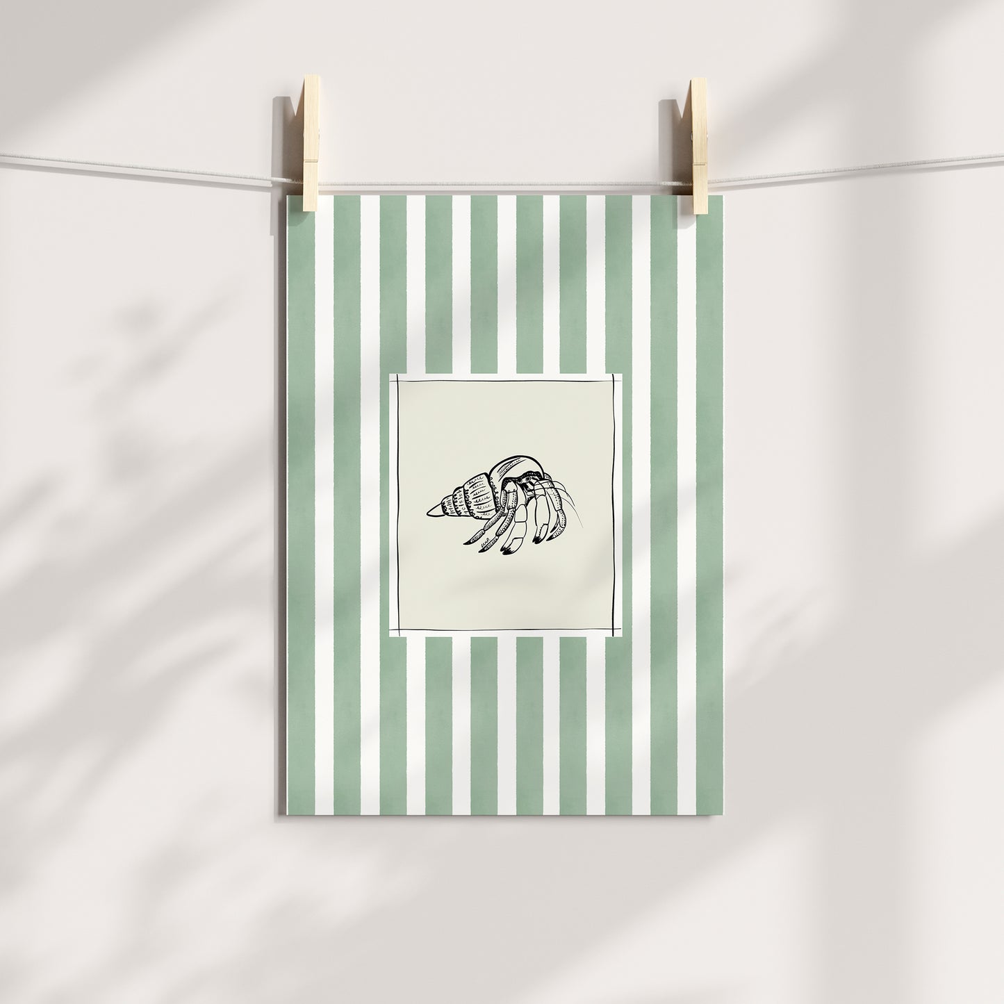 hermit crab with greeny blue watercolour striped surround - fish art print by cat dearlove