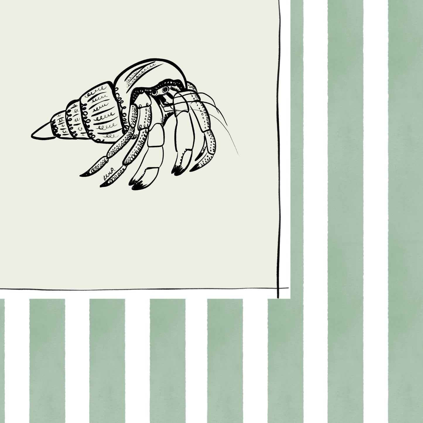 hermit crab with greeny blue watercolour striped surround - fish art print by cat dearlove