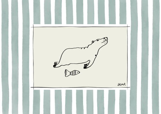 hippo and fish with greeny grey watercolour striped surround - animals art print by cat dearlove