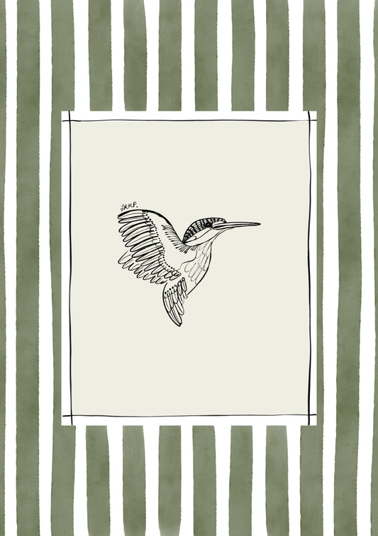 kingfisher with moss green watercolour striped surround - birds art print by cat dearlove