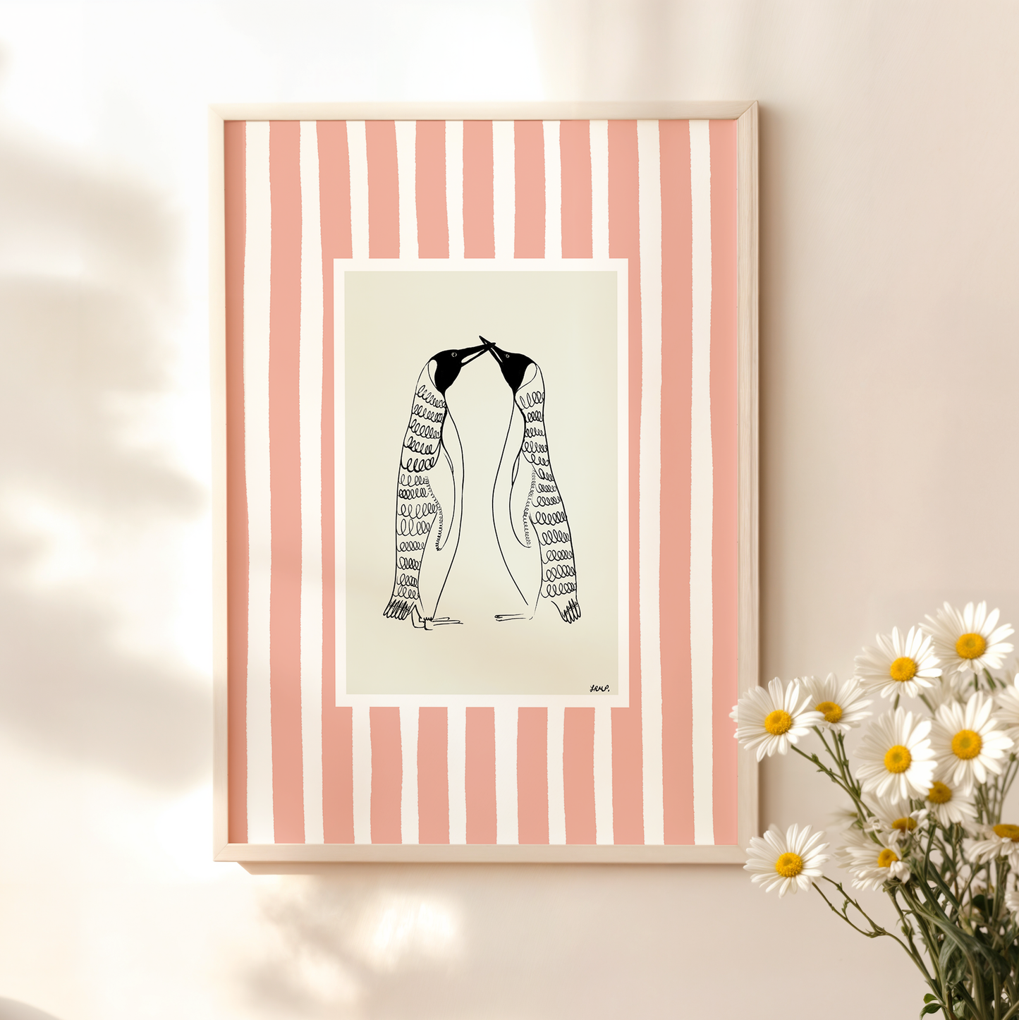 kissing penguins with pink watercolour striped surround - birds art print by cat dearlove