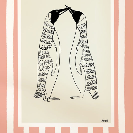 kissing penguins with pink watercolour striped surround - birds art print by cat dearlove