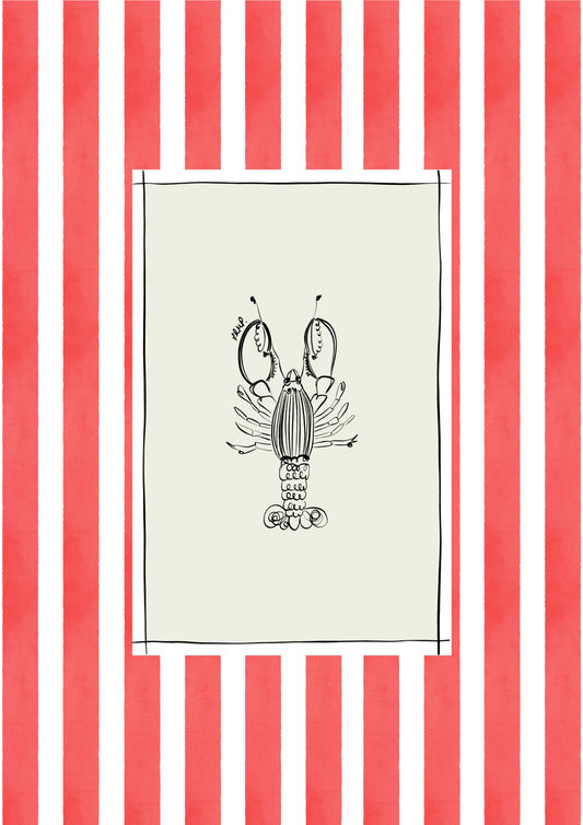 lobster with red watercolour striped surround - fish art print by cat dearlove