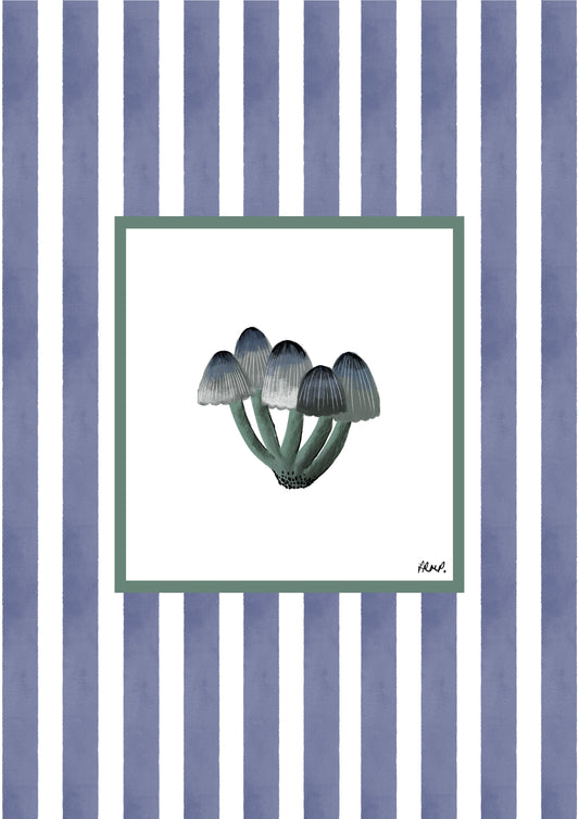 mushrooms 1 in colour with purple watercolour striped surround - nature art print by cat dearlove