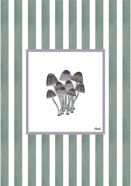 mushrooms 2 in colour with green watercolour striped surround - nature art print by cat dearlove