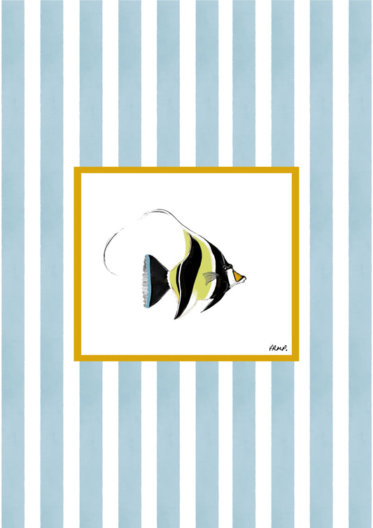 moorish idol fish in colour with blue watercolour striped surround - fish art print by cat dearlove