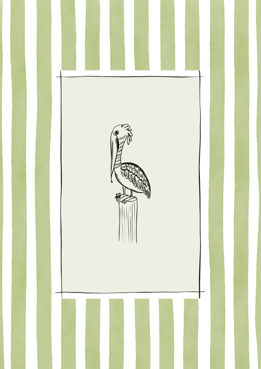 pelican on pole with light green watercolour striped surround - birds art print by cat dearlove