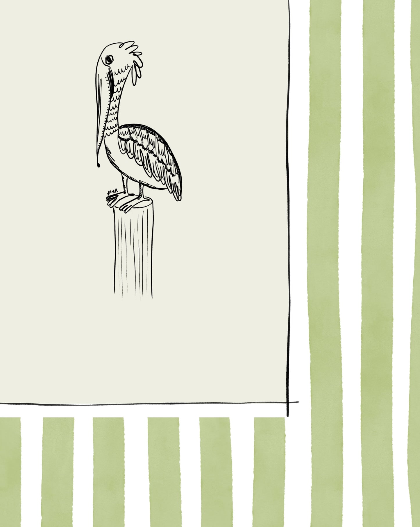 pelican on pole with light green watercolour striped surround - birds art print by cat dearlove