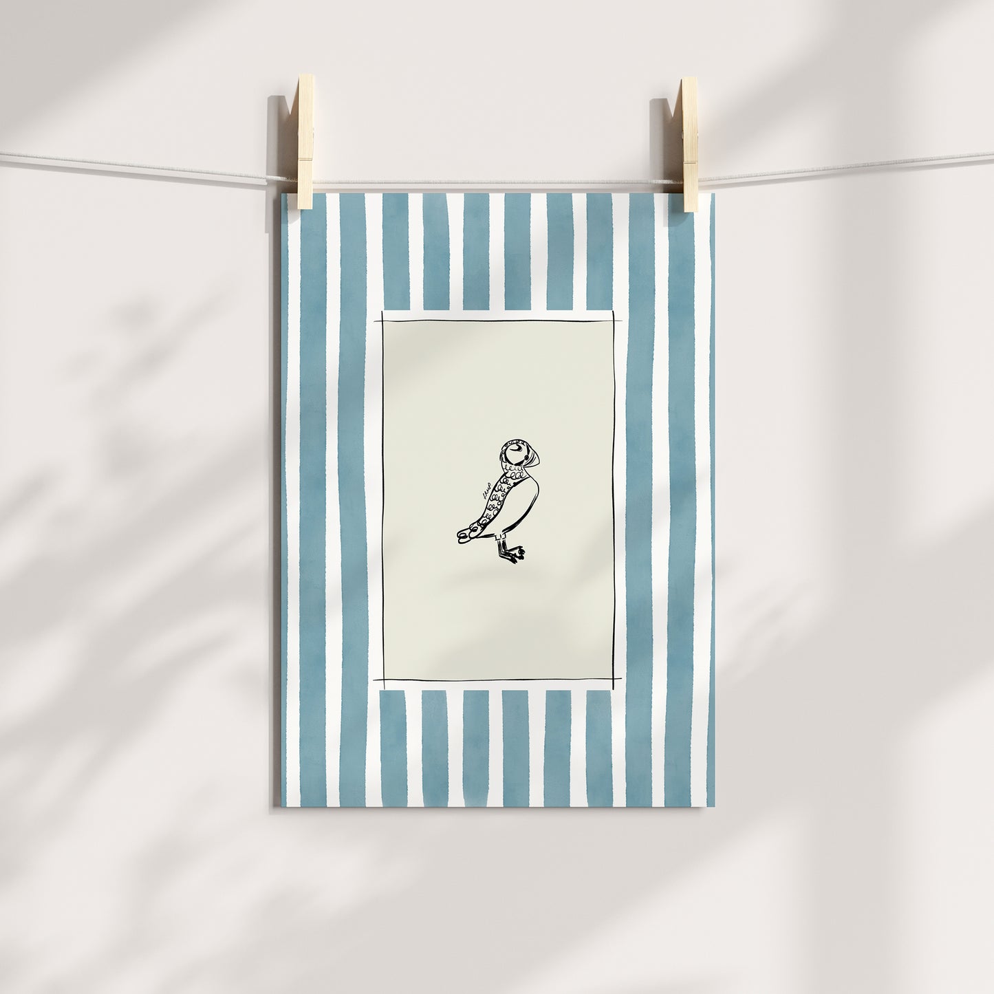 puffin with blue watercolour striped surround - birds art print by cat dearlove