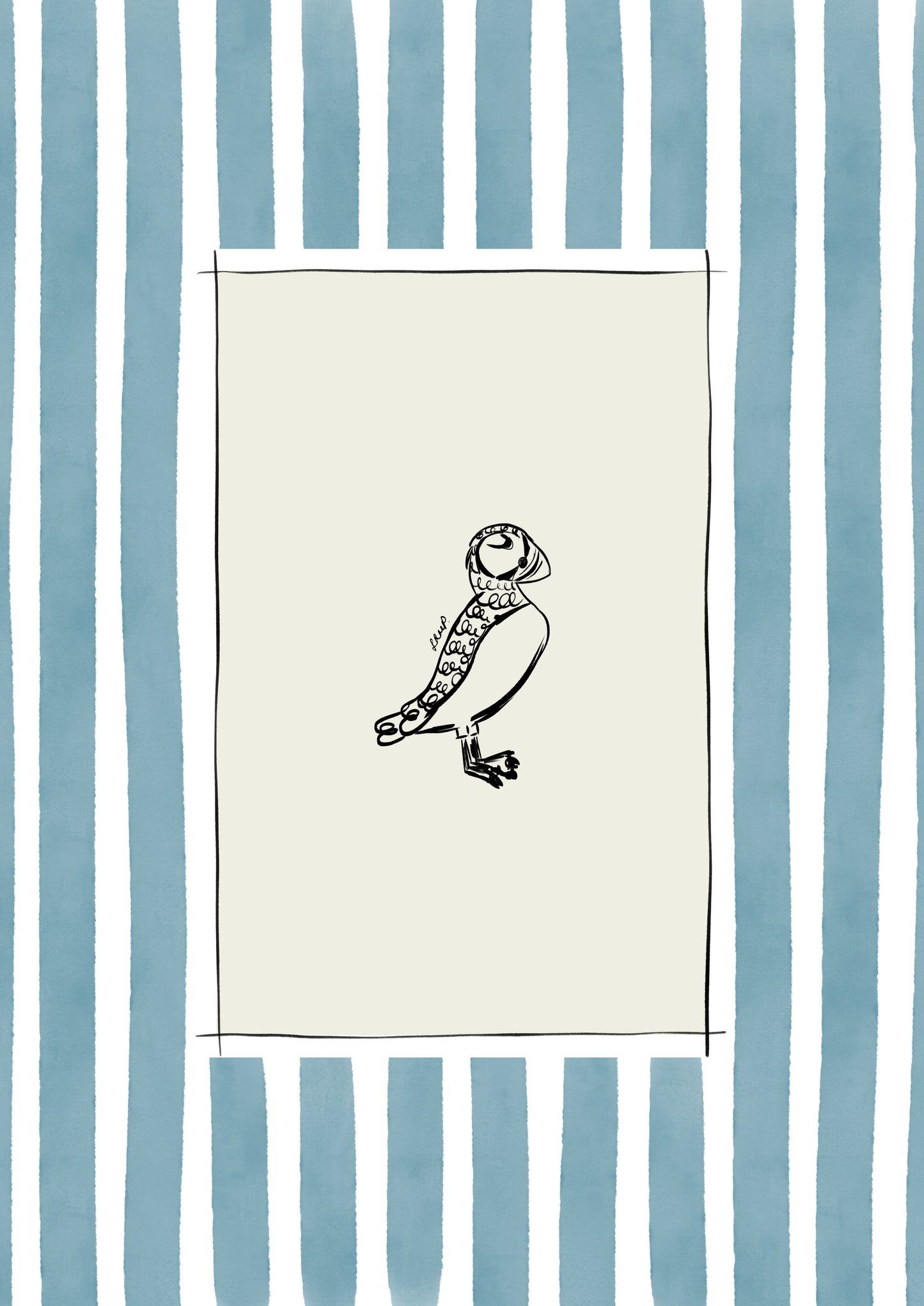 puffin with blue watercolour striped surround - birds art print by cat dearlove