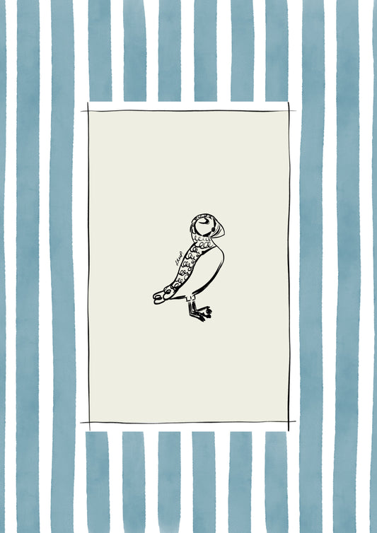 puffin with blue watercolour striped surround - birds art print by cat dearlove