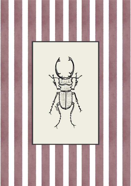 stag beetle with purple watercolour striped surround - bugs art print by cat dearlove