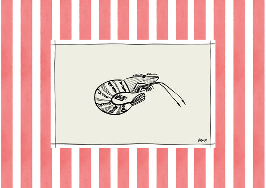 shrimp with pink watercolour striped surround - fish art print by cat dearlove