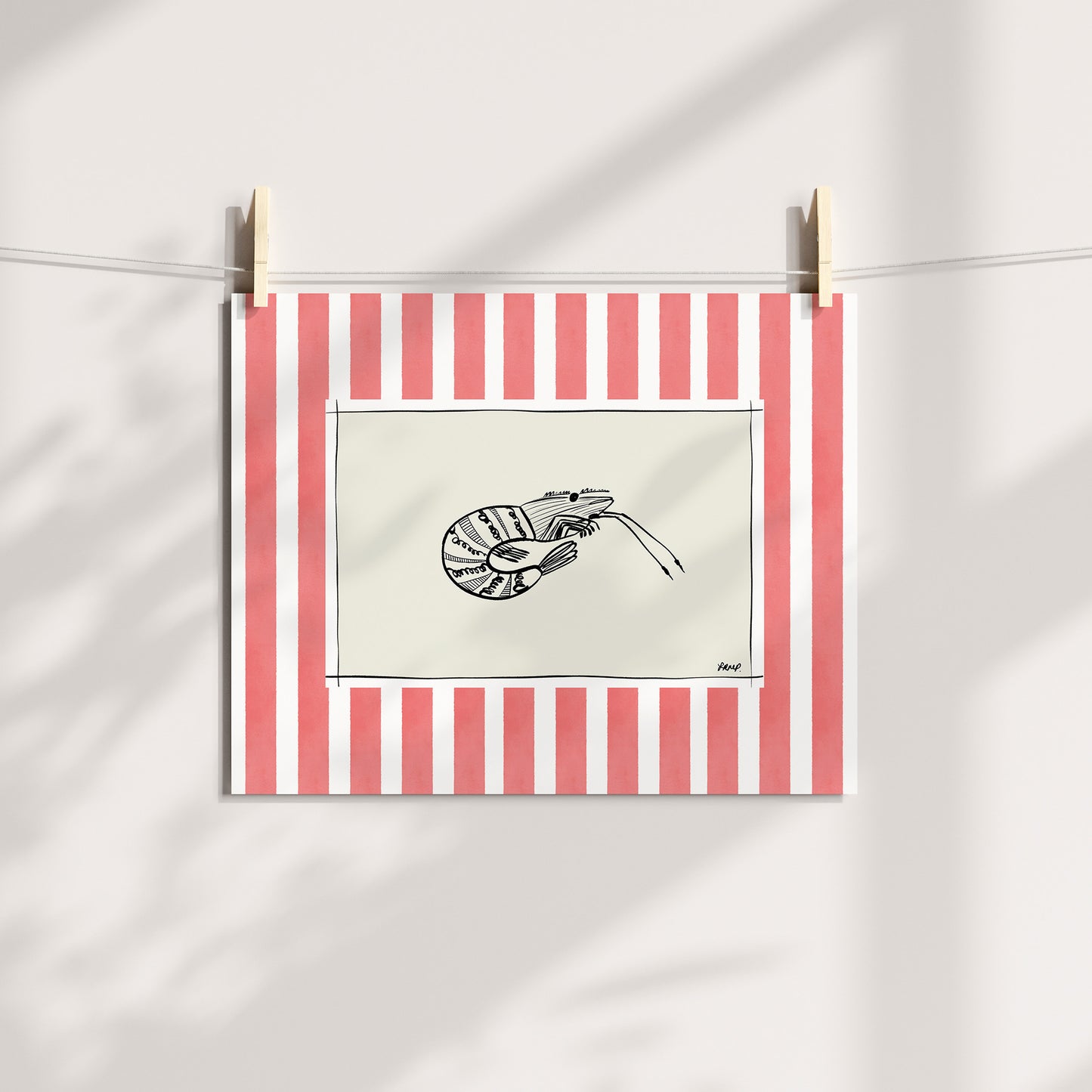 shrimp with pink watercolour striped surround - fish art print by cat dearlove