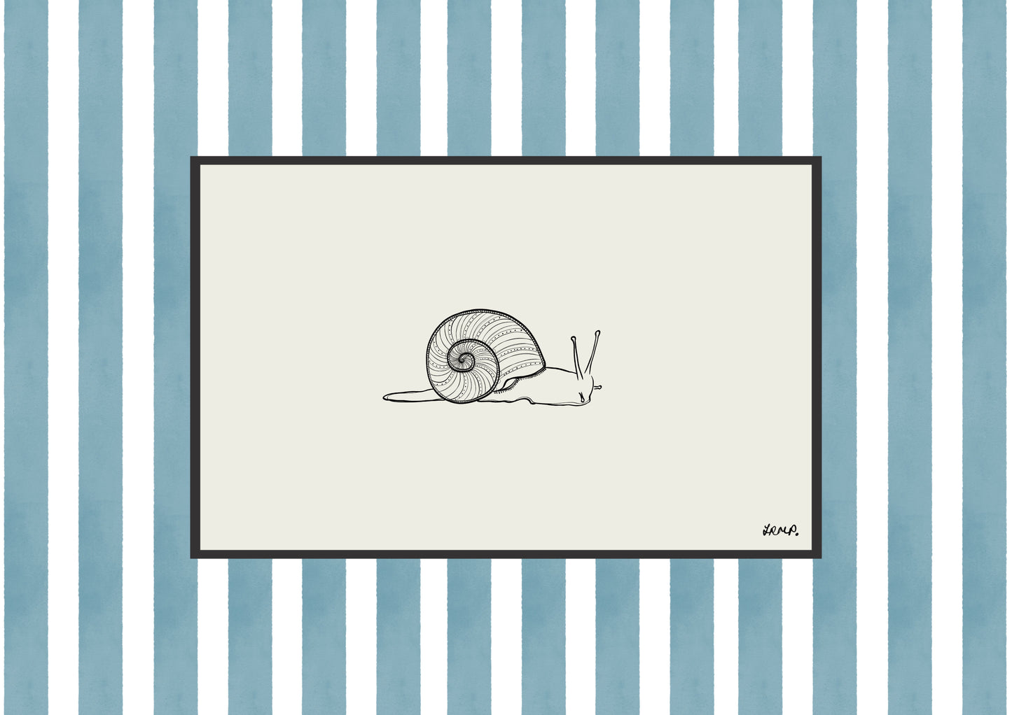 snail with blue watercolour striped surround - bugs art print by cat dearlove