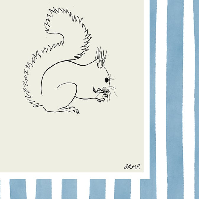 squirrel with blue watercolour striped surround - animals art print by cat dearlove
