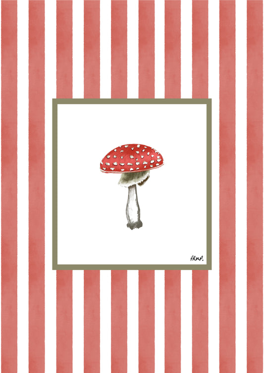toadstool in colour with red watercolour striped surround - nature art print by cat dearlove